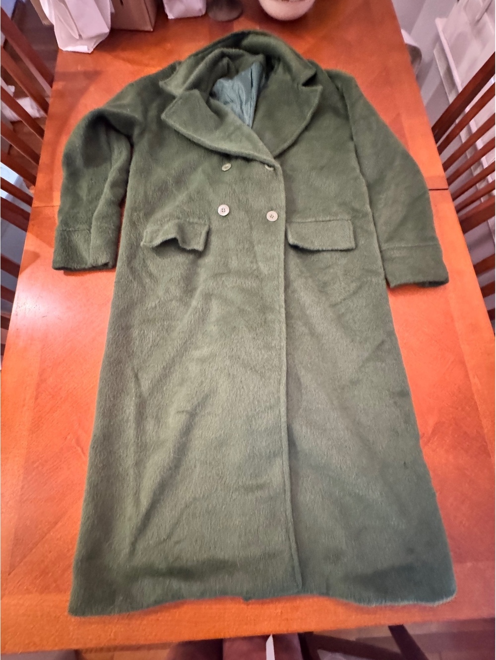 Green Long Wool Blend Double Breasted Overcoat Size M 3103